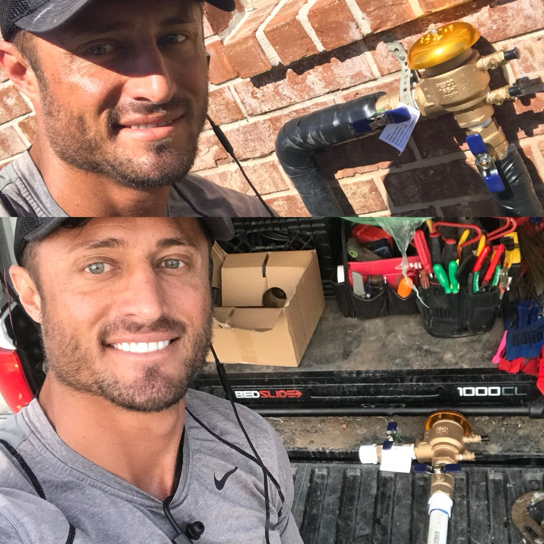 Elite Sprinkler crew with tools at the truck on a Katy service call