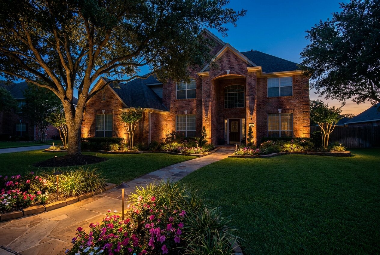 Warm low-voltage landscape lighting on an upscale Katy home at dusk